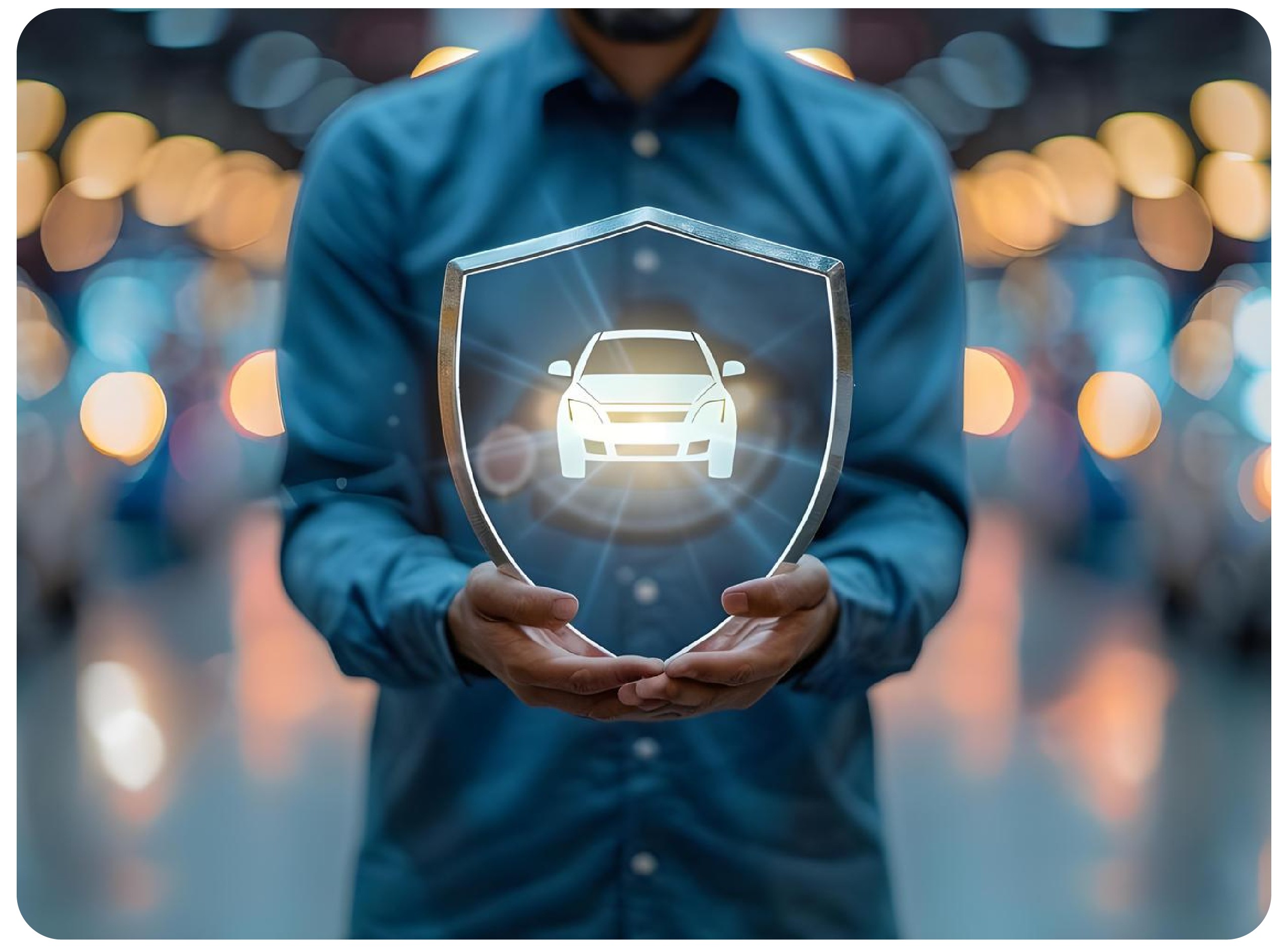 Person holding a shield with a car icon, symbolizing GPS vehicle security.
