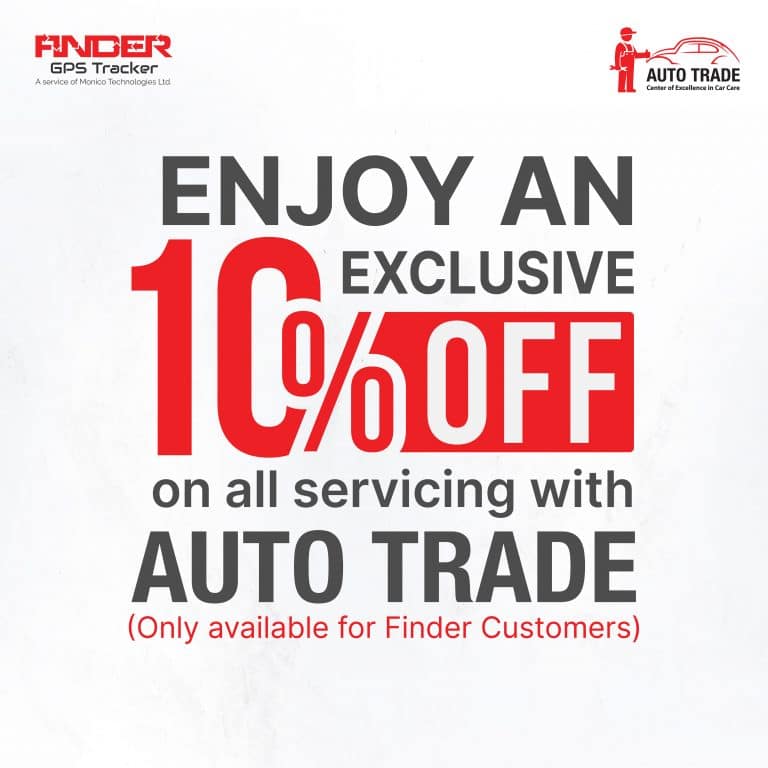 Finder GPS Tracking System exclusive 10% off auto trade servicing offer.
