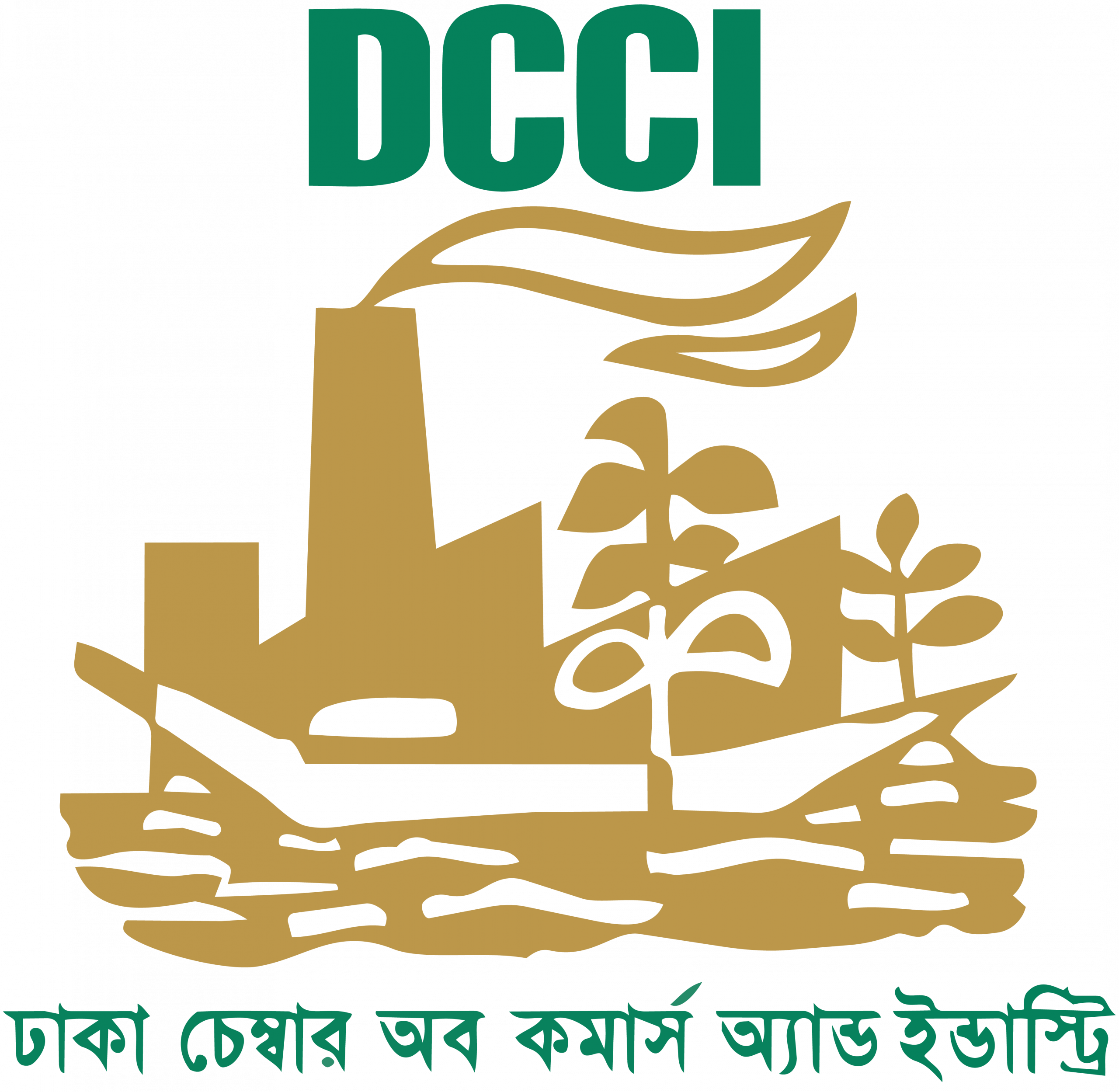 DCCI logo with factory, trees, and water illustration for environmental awareness.